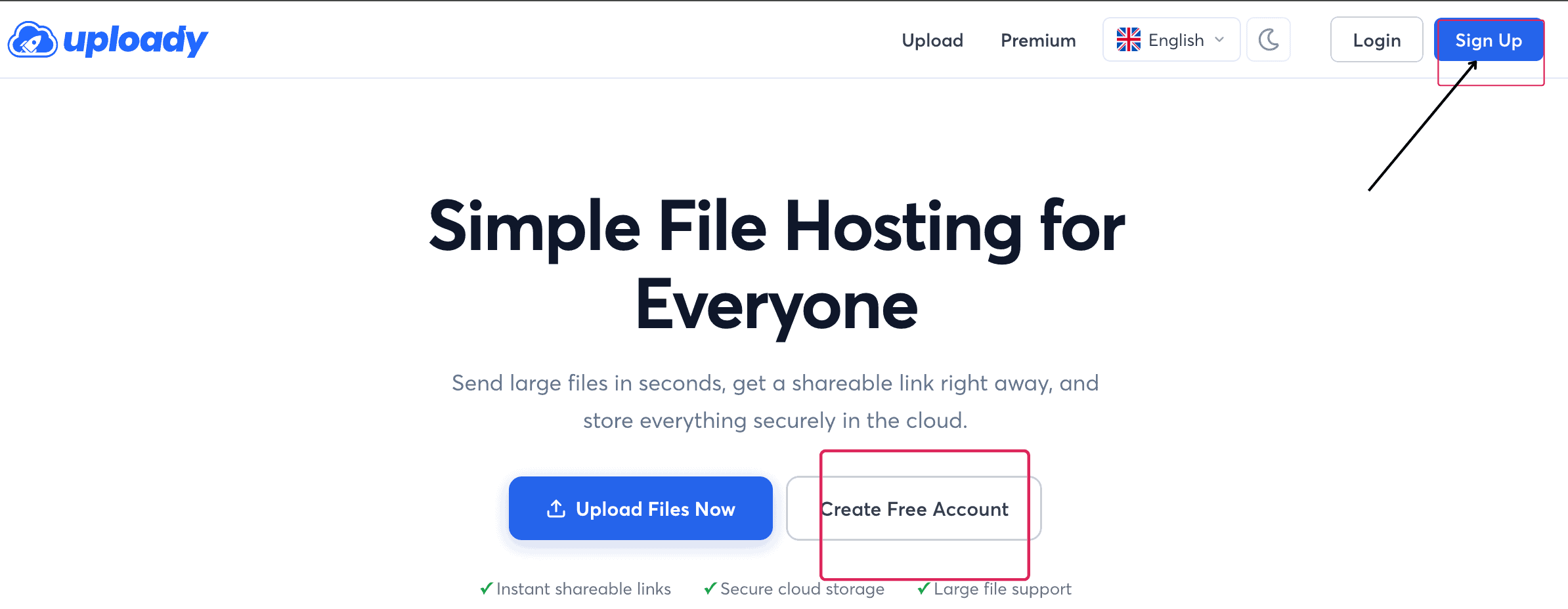 Uploady homepage header highlighting the Sign Up and Create Free Account options.