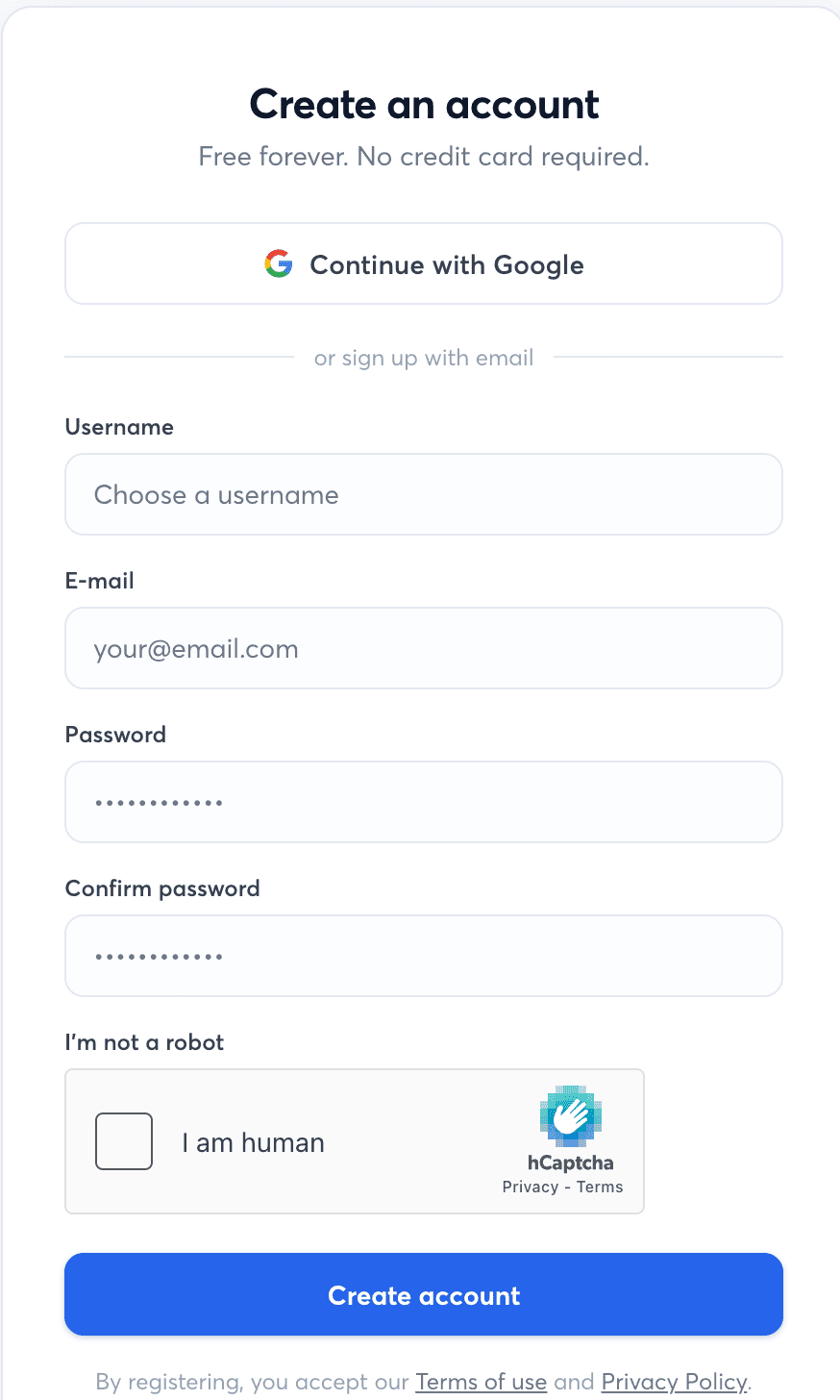 Registration form with username, email, password, and human verification fields.